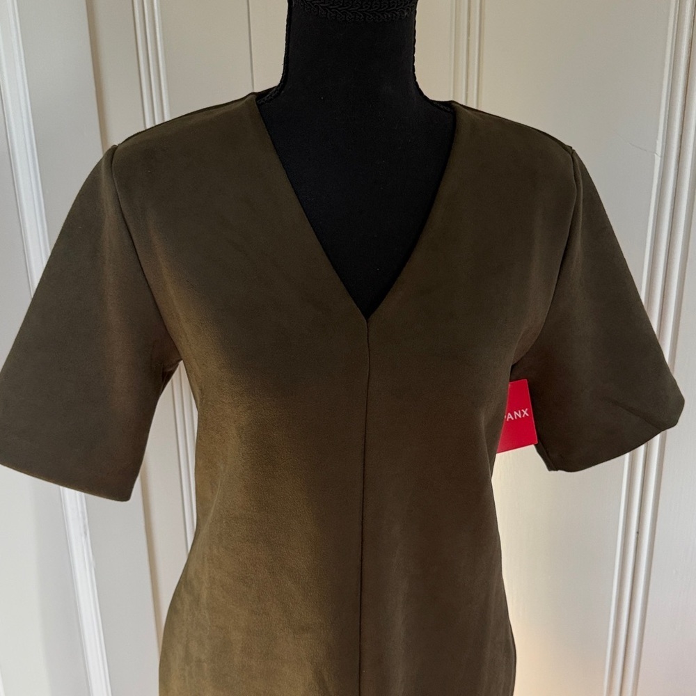 SPANX Faux Suede Column Dress Utility Green NWT Size S short sleeve V neck